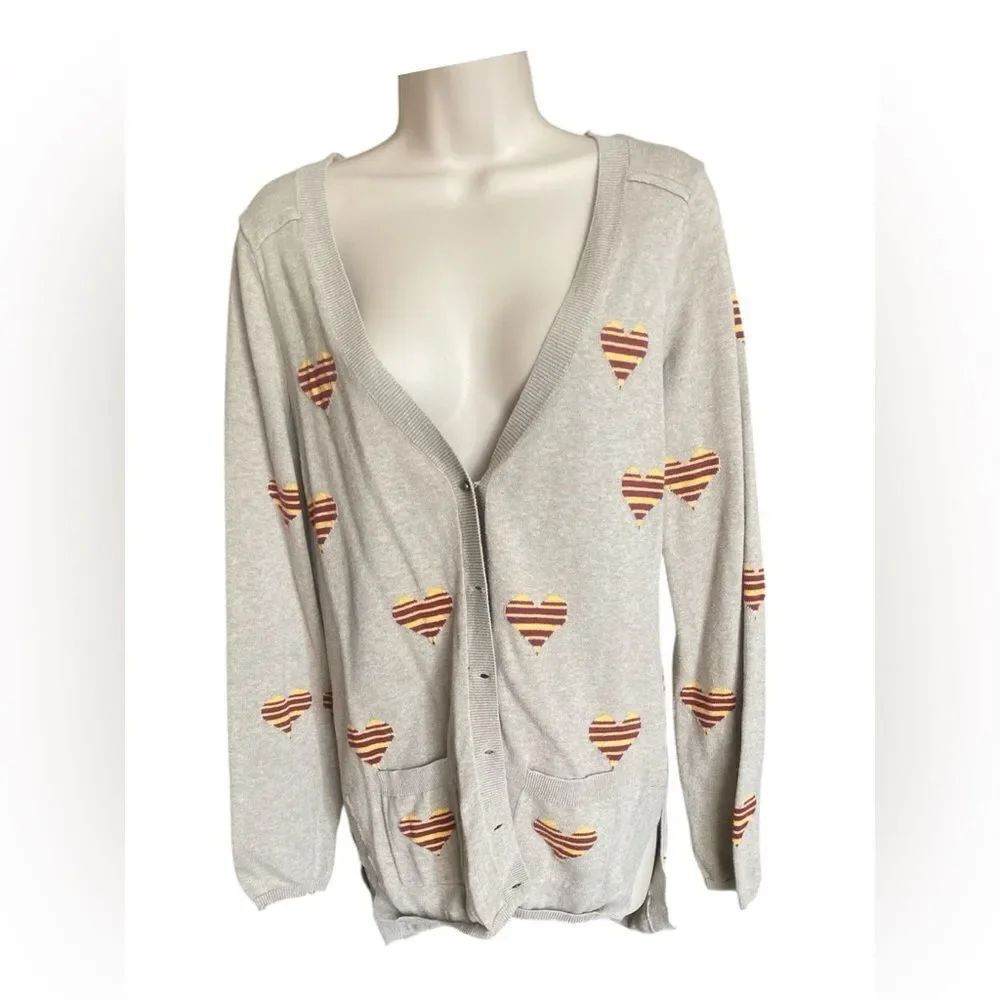 Maison Jules Light Gray Cardigan Striped buttons Embroidered Heart side slit